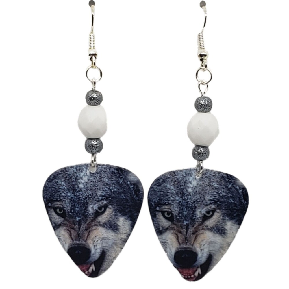 Snarling Wolf Wolves on Guitar Pick Beaded Earrings - Handmade in USA New